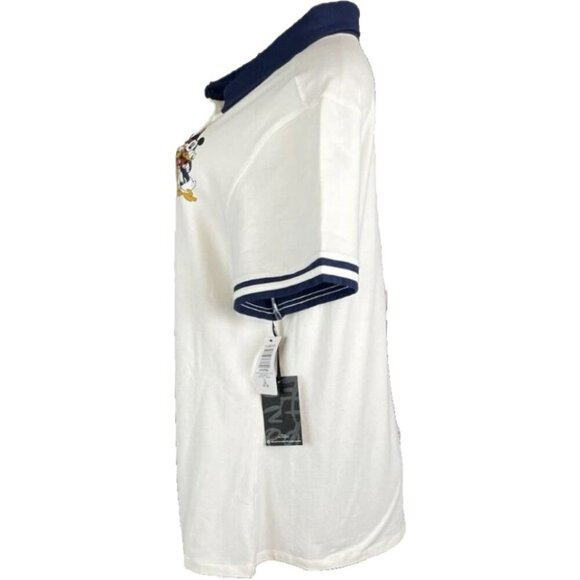 Disney +2 Off-White Mickey & Friends Graphic Navy Trim Short Sleeve Polo Shirt - Picture 5 of 6